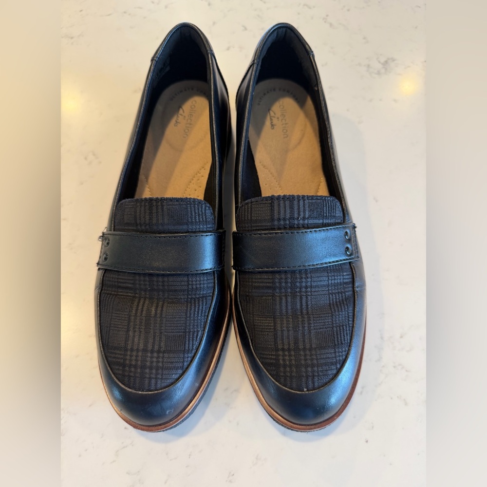 Clarks Black Plaid Loafers